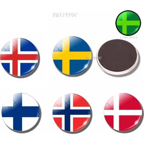 Luminous Fridge Magnet Nordic Countries Flag (Finland,Sweden,Norway,Iceland,Denmark) 30MM Glass Refrigerator Magnet DIY Ornament