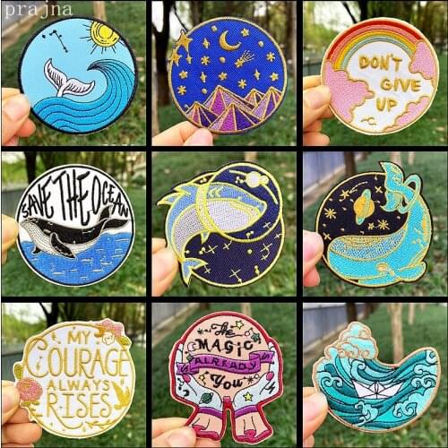 Prajna Cartoon Space Patches On Clothes Waves Patch Iron On Embroiderd Parches For Clothing thermoadhesive patches Round Badges