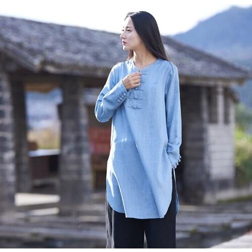 Women Spring Summer Bamboo Linen Retro Chinese Style Shirt Long Tops Female Irregular Legnth Blouse Ladies Vintage Shirt 2020