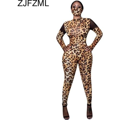 Cheetah Leopard Printed Rompers Womens Jumpsuit Black Sheer Mesh Spliced Long Sleeve Slim Overall Streetwear One Piece Bodysuit