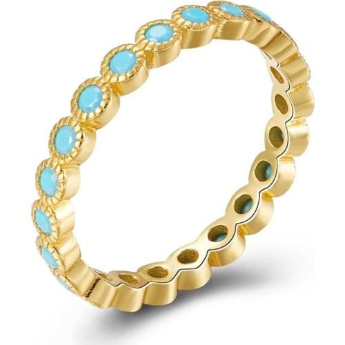 24k Gold-Plated Silver Blue Turquoise Zircons Rings Women Circle European Wedding Engagement Party Jewelry in 2021 Fine Jewelry