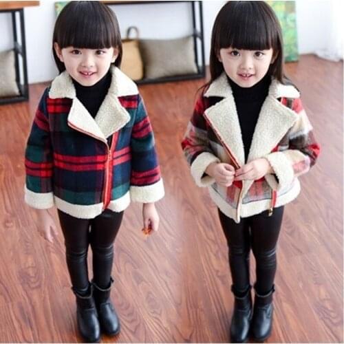 Girls Winter Jacket Coat Wool Fur Collar Outwear Girls Lapel Plaid Coats Children Warm Jacket Girls Clothing Hot Sale