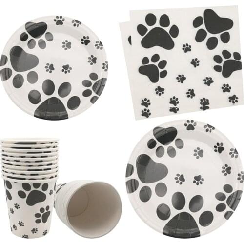 1set Cute Animals Dog Cat footprints Plates Cups Napkins Kids Happy 1st Birthday Wild One Party Baby Shower Decoration Supplies
