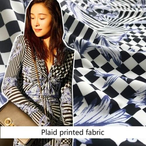 148 cm wide 4-way stretch crepe fabric blue plaid printed fabric shirt dress handmade DIY fabric wholesale cloth