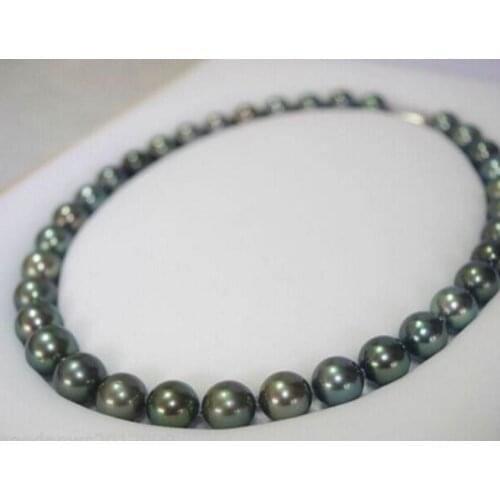 18" 8-9mm Tahitian genuine black peacock blue green pearl necklace 925silver clasp