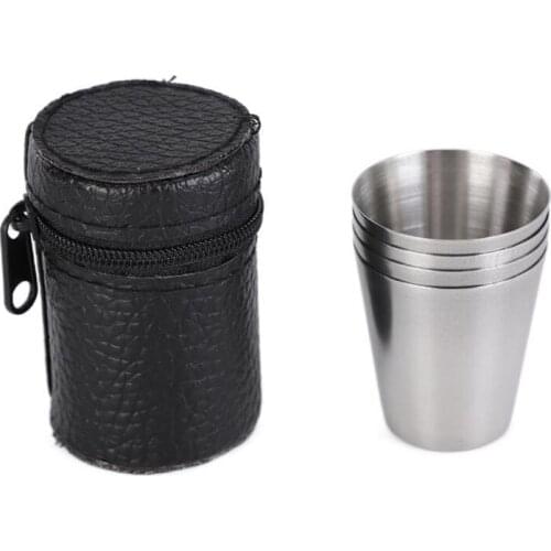 896A 4pcs 70/160ml Outdoor Camping Tableware Travel Cups Stainless Steel Beer Wine Cup Drinking Whiskey Mugs PU Leather Bag
