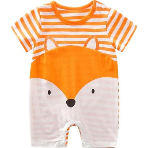Baby Girls Boys Romper Cartoon Fox Animal Stripe Print Jumpsuits Playsuit Summer Short Sleeved Newborn Baby Clothing 0-18months