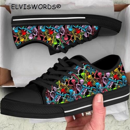 ELVISWORDS Mexican Sugar Skull Design Comfortable Low Top Style Flats Shoes for Women Ladies Classic Canvas Walking Shoes New