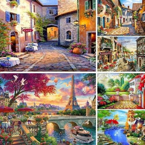 GATYZTORY 5D Diamond Painting House Landscape Sea View Square/Round Embroidery Cross Stitch Kit Painting Mosaic DIY Home Decorat