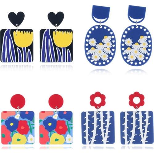 Geometric Abstract Colorful Floral Print Acrylic Square Drop Earrings for Women Fashion Heart Aesthetic Art Jewelry Wholesale