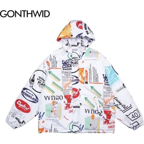 GONTHWID Graffiti Devil Poster Print Zipper Hooded Cotton Padded Jackets Streetwear Men Women Coats Hip Hop Harajuku Casual Tops