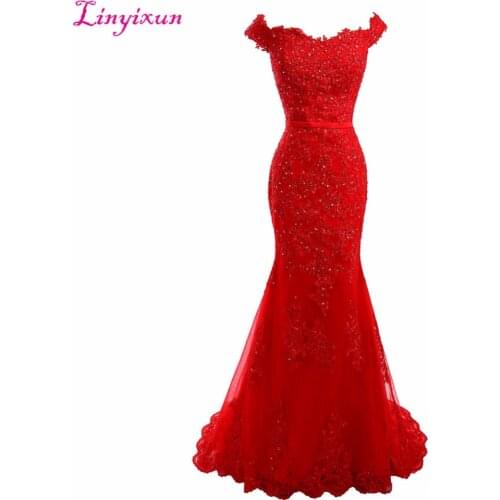 Linyixun Real Photo New Cap Sleeve Prom Dresses 2020 Modest Robe De Soiree Mermaid Beading Tulle Formal Evening Gowns Party Dres