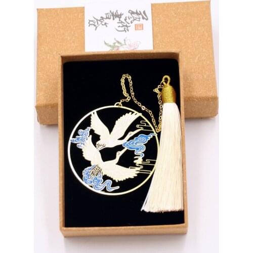 Chinese Retro Carving Style Metal Hollow out Crane Shape Tassel Bookmarks Exquisite gift box packaging Stationery Supply Gifts