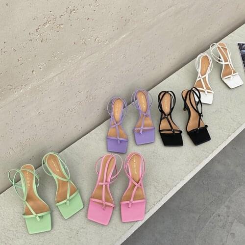 Fashion Women Candy Color Sandals Square Toe Thin High Heels Ladies Sandals Summer Dress Shoes Woman Ankle Strap Size 35-40