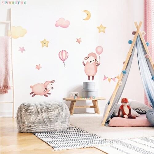 Cartoon Pink Sheep Ballon Clouds Wall Stickers Bedroom Kids Room Baby Nursery Moon Stars Stickers Waterproof Kawaii Decals