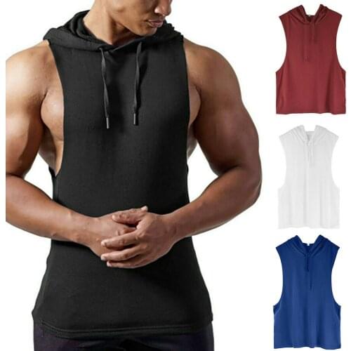 Mens Muscle Fitness Workout Tank Tops Gym Soft Drawstring Sleeveless Hoodies Bodybuilding Sweatshirts