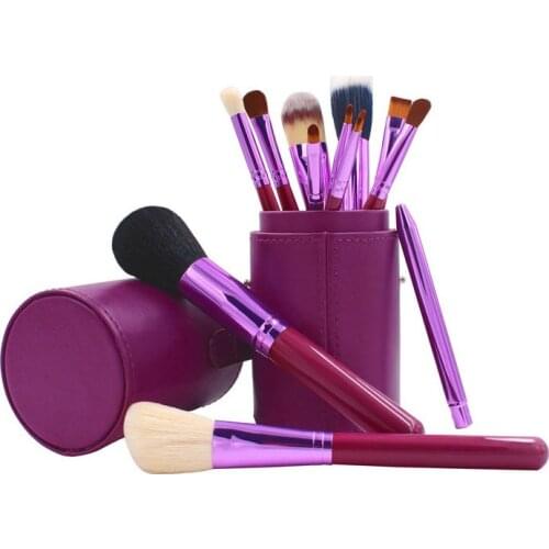 12pcs professional soft synthetic hair cosmetic brush set wooden handle brushes mascara wands PU barrels in makeup