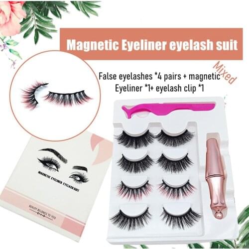 4 Pairs Magnetic Mink Eyelashes Set with Liquid Eyeliner Red Color Curled Thick Volume Styles Mix Fake Lash Easy to Wear Beauty