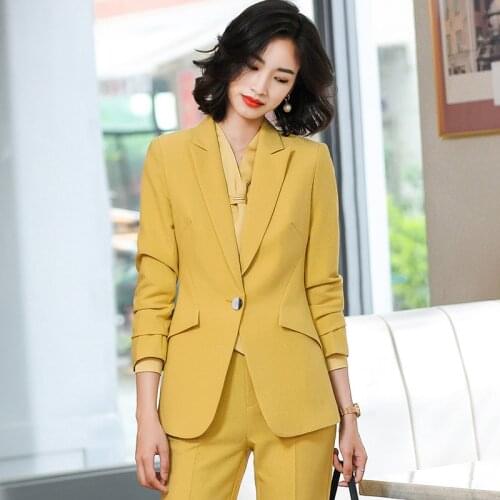 Novelty Yellow Autun Winter Formal Uniform Designs Pantsuits for Women Business Work Wear OL Styles Porfessional Blazers Set