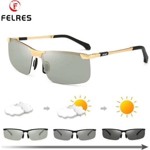 FELRES Metal Frame Photochromic Polarized Sunglasses For Men Outdoor Driving Fishing Cycling UV400 Glasses With Box 3066