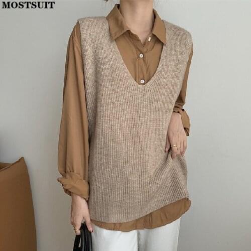 Solid Vintage V-neck Pullover Vest Women Sleeveless Casual Loose Basic Sweater Vest Simple All Match Female Jumpers Tops 2021