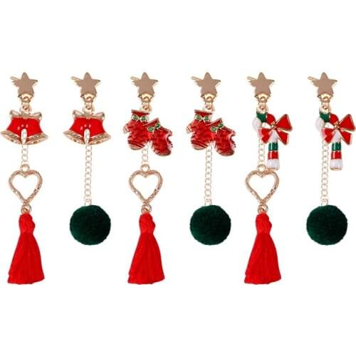 Christmas Series Fashion Ladies Glamor Asymmetric Earrings Classic Temperament Red Tassel Pompons Alloy Party Jewelry Gift