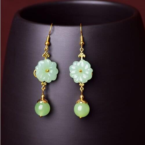 DIY NATURAL DONGLING JADE FLOWER BEADS EARRINGS JADEITE JEWELLERY FASHION ACCESSORIES HAND-CARVED LUCK AMULET GIFTS HER WOMAN
