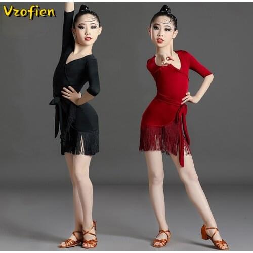 Mordern Ballroom Dancing Dresses for Kids Fringed Cha Cha Tango Salsa Practice Dress Girls Kids Black Red Dancewear for Latin
