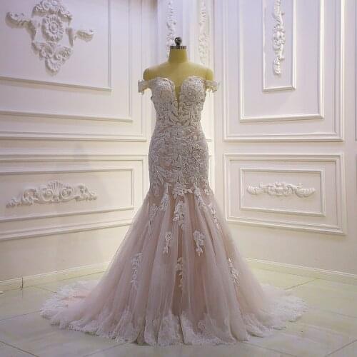 Off Shoulder Lace Appliques Mermaid Champagne Wedding dress
