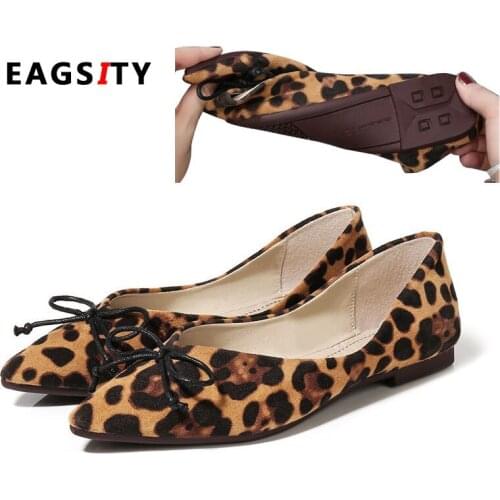 LIHUAMAO Suede Leopard Women Ballet Flats shoes Slip on Pointed Toe bowtie folding Comfortable Casual,Dance,Party walking