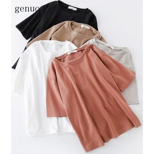 High Quality All-match Casual Loose Solid Color Summer Short Sleeve Tees Tops T-shirts For Women Ladies