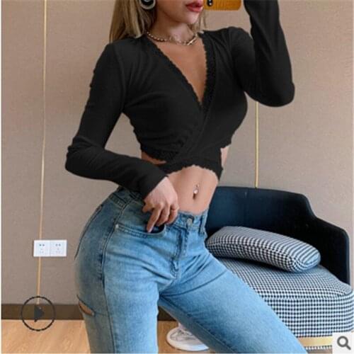 Women Blouse Sexy V-neck Lace Backless Bandage Tee Tops Long Sleeve Ladies Vintage Streetwear Female Clothes