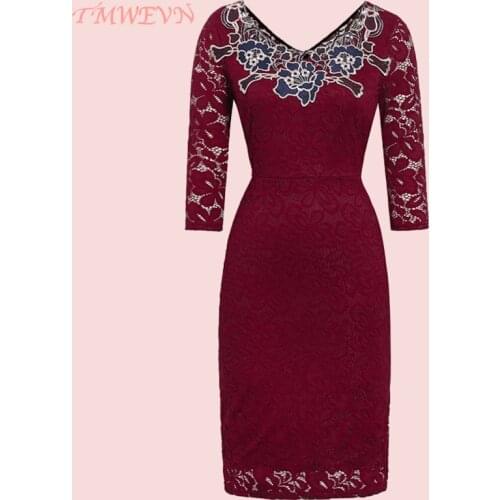 TMWEVN Vintage Floral Dress Women 2020 Three Quarter Long Sleeve Dresses V Neck Knee-Length Patchwork Pencil Office Lady Dresses