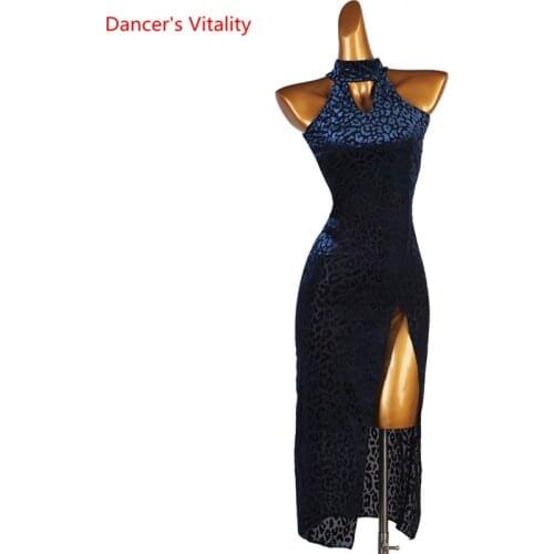 Latin Dance Competition Dresses Women High Collar Split Skirt Sleeveless Clothes dress Custom Child Adult Performance Clothing