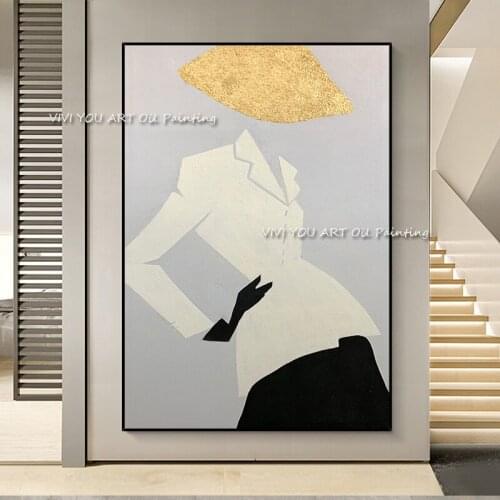 Large Size Handmade Abstract Gold Foil Figure Oil Painting Wall Art Modern New Design Office Wall Canvas Home Decoration Gift