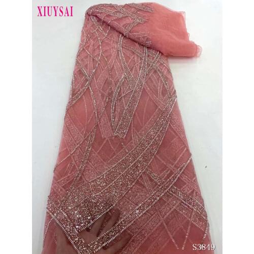 Wholesale Pink Wedding Lace Sequins Fabric shinning African beaded embroidered lace Fabric Free Shipping SL1315