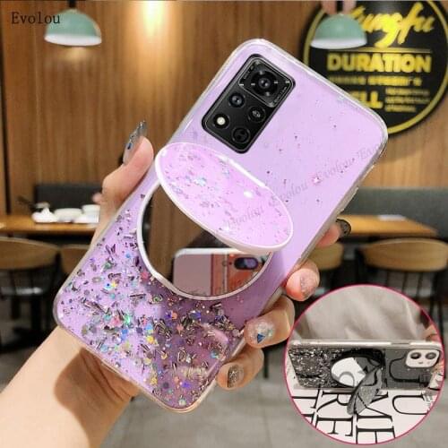 Make up Mirror Stand Glitter Phone Case For Huawei Honor V40 V30 V20 30 X10 9X Pro Clear Sequins Silicone Case For Honor 9C 9A