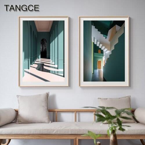 Geometric Architectural Space Canvas Wall Art Print Nordic Green Poster Abstract Painting Decorative Picture Modern Livinfg Room