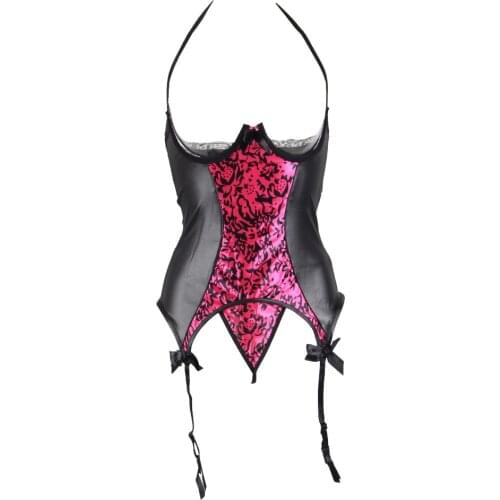 Faux Leather Sleepwear Lace Babydoll Sexy Lingerie Bustier With Bow Plus Size Lingerie Halter Open Crotch Women Nightwear R70134