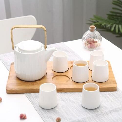 Ceramic Coffee Tea Set Japanese White Wood Tray Kettle Cup Pot Water Ware Bar Decoration Household Kitchen Supplies Drinkware
