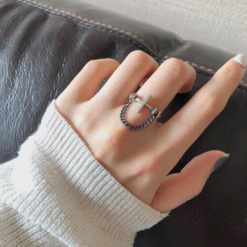 925 Sterling Silver Pure Handmade Tail Ring Vintage Style Christian Jesus Cross Ring With Chains Girls Hip Hop Jewelry Female