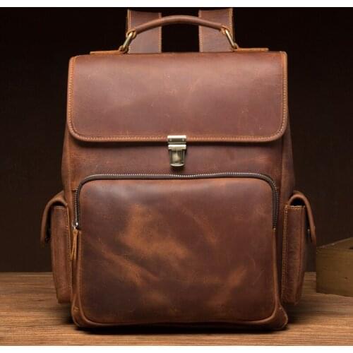 Leather Mens Computer Backpack Crazy Horse Leather Retro Backpack Large Capacity Outdoor Sports Travel Backpack Genuine Leather