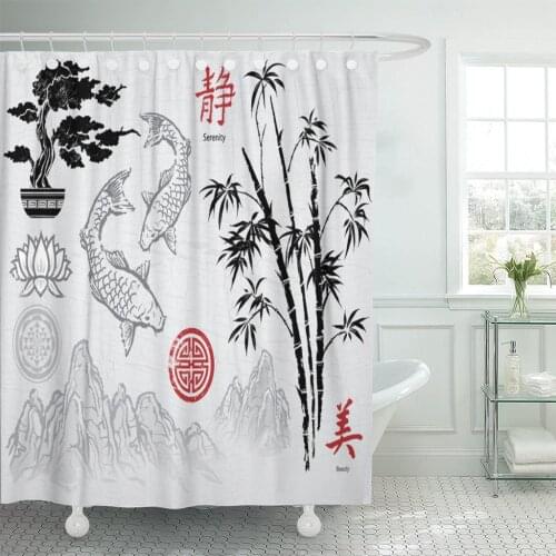 Red Japanese Asian Ink Brush Ornaments Chinese Korean Korea Shower Curtain Waterproof 72 x 72 Inches Set with Hooks