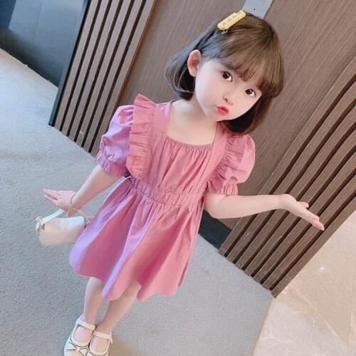 Girls Summer Solid Dresses New Fashion Baby Short Sleeve Dress Square Collar child clothing Kids Casual Clothes
