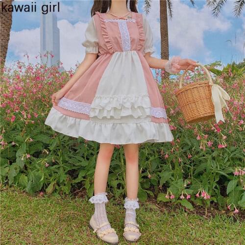 Cute Kawaii Lolita Dress Girls Spring Summer New Ruffle Lace OP Short Sleeve Sweet Princess Dress Women Pink Black Mid Dresses