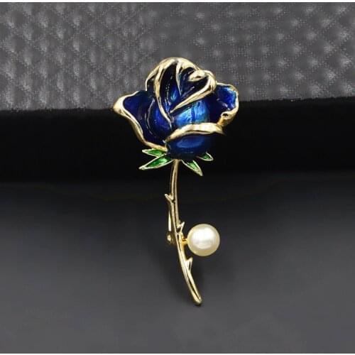 New Trendy Blue Fairy Rose Flower Shape Brooch For Women Drip Oil Alloy Plant Lapel Pin Scarf Suit Decoration Bride Jewelry