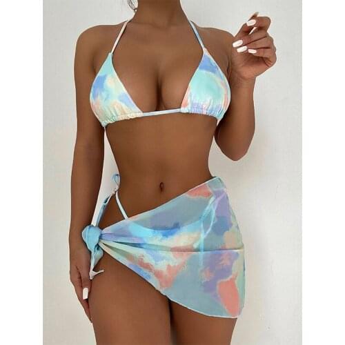 MYTENG Tie Dye Brazilian Triangle Push Up Thong Bikinis Halter Swimwear Women Beachwear String Bandage Swimsuit 3 Piece Biqiuni