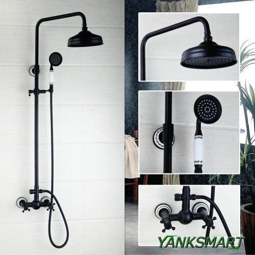 YANKSMART Bathroom Black Oil Rubbed Bronze 8" Rainfall Shower Head Wall Mount Heldhead Faucet Set Mixer Tap Torneira