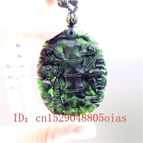 Natural Black Green Jade Bat Bamboo Pendant Beads Necklace Charm Jewelry Obsidian Accessories Carved Amulet Gifts for Men