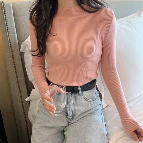 Casual Womens Sweaters Korea Style Turtleneck Solid Stretch Knitted Pullover Casual Slimming All Match Sweater